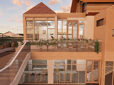 Modern Restaurant Exterior With Wooden Structure Large Windows Green Plants And Terrace Design 3d model