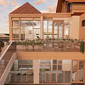 Modern Restaurant Exterior With Wooden Structure Large Windows Green Plants And Terrace Design