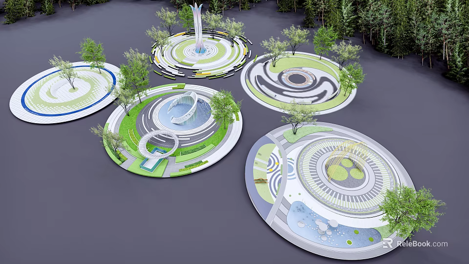 Elegant Square Landscape Design Featuring Circular Areas Fountains Trees And Pathways 3d model