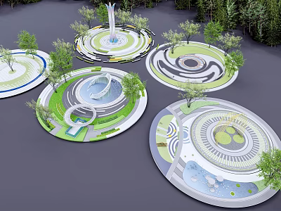 Elegant Square Landscape Design Featuring Circular Areas Fountains Trees And Pathways 3d model