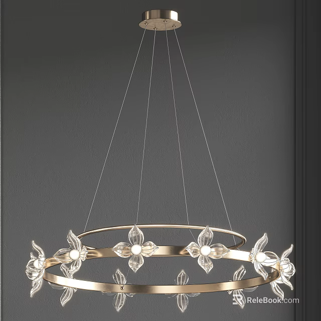 Elegant Chandelier With Golden Circular Frame And Transparent Flower Decorations Hanging On Gray Background 3d model 