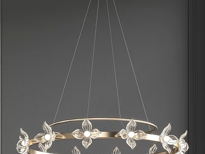 Elegant Chandelier With Golden Circular Frame And Transparent Flower Decorations Hanging On Gray Background 3d model