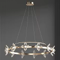Elegant Chandelier With Golden Circular Frame And Transparent Flower Decorations Hanging On Gray Background