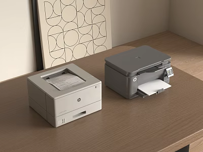 Office Appliances Two Gray And White Printers On Wooden Office Desk For Workspace Use 3d model