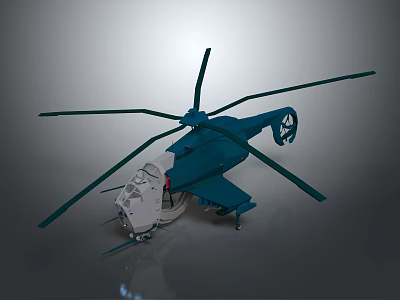 Blue And White Helicopter Model With Four Rotor Blades Detailed Design And Landing Gear 3d model