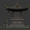 Cartoon Scene Of Traditional Oriental Temple With Green Roof Golden Decorations Stone Steps And Small Pavilions