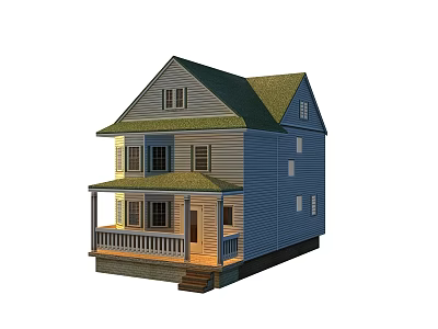 Two Story Single Family House With Green Roof Blue Exterior Front Porch And Wooden Steps 3d model