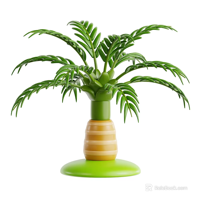 Green Palm Plant With Lush Green Leaves And Yellow Striped Trunk On Green Base 3d model 
