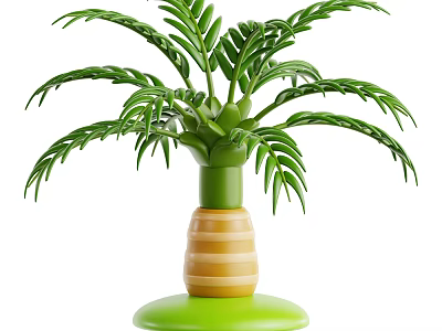 Green Palm Plant With Lush Green Leaves And Yellow Striped Trunk On Green Base 3d model