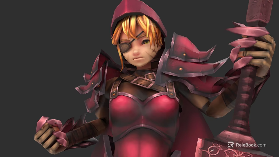 Woman In Red Armor With Yellow Short Hair And Eyepatch Holding Weapon 3d model 