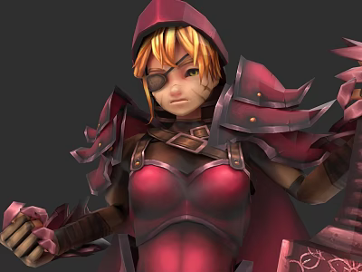 Woman In Red Armor With Yellow Short Hair And Eyepatch Holding Weapon 3d model