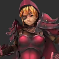 Woman In Red Armor With Yellow Short Hair And Eyepatch Holding Weapon