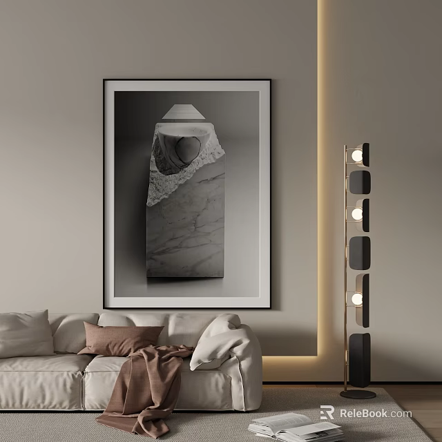Black And White Landscape Painting With Marble Texture In Modern Living Room 3d model 