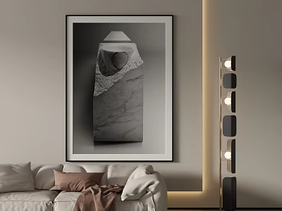 Black And White Landscape Painting With Marble Texture In Modern Living Room 3d model