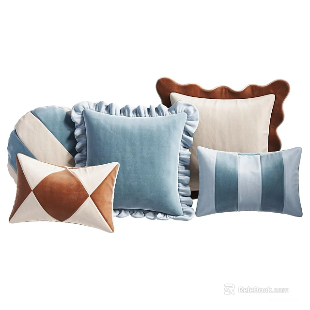 Various Decorative Throw Pillows With Ruffled Edges Diamond Pattern And Striped Designs 3d model