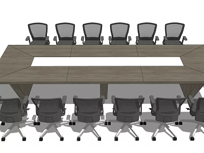 Modern Wooden Office Meeting Table With Surrounding Ergonomic Chairs Setup 3d model