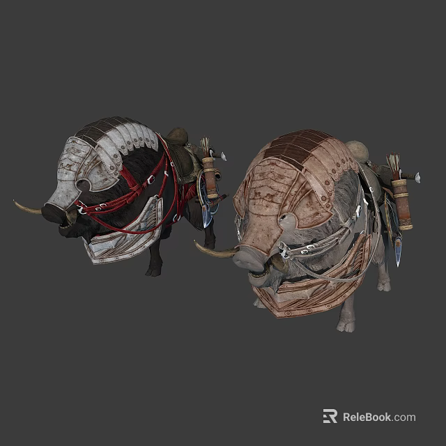 Two Armored Fantasy Creatures With Saddle Gear And Decorative Equipment 3d model 