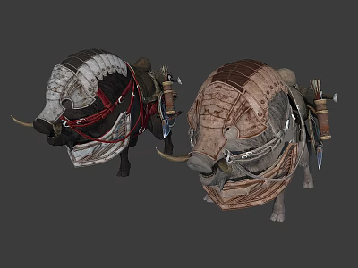 Two Armored Fantasy Creatures With Saddle Gear And Decorative Equipment 3d model