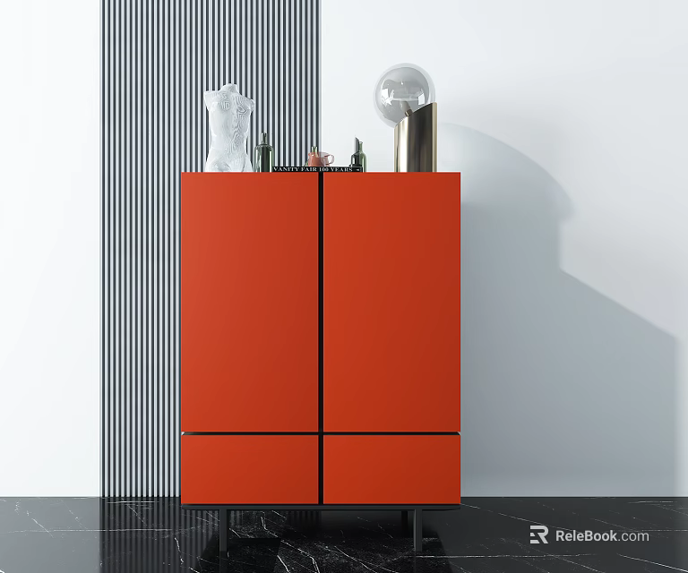 Modern Red Storage Cabinet With Double Doors And Decorative Items On Top 3d model