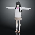 Anime Character With Black Hair White Sweater Pink Bow Plaid Skirt White Stockings Arms Outstretched