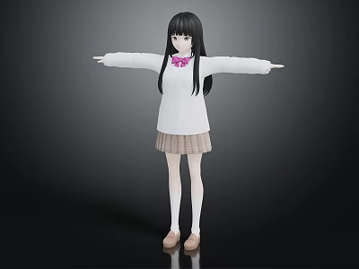 Anime Character With Black Hair White Sweater Pink Bow Plaid Skirt White Stockings Arms Outstretched 3d model