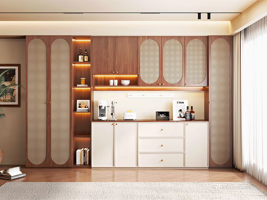 Modern Wooden White Sideboard Cabinet With Drawers Cabinets And Open Shelves 3d model 
