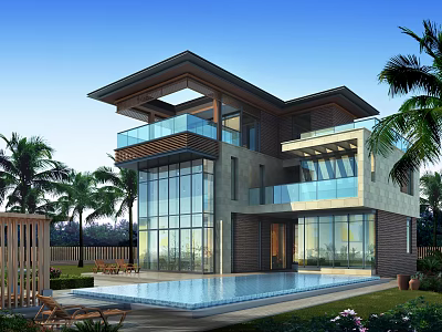 Luxury Modern Detached Villa With Large Glass Windows Swimming Pool And Palm Trees 3d model