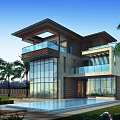 Luxury Modern Detached Villa With Large Glass Windows Swimming Pool And Palm Trees