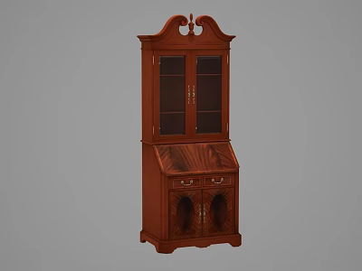 Classic Brown Wooden Decorative Cabinet With Glass Doors Drawers And Carved Top 3d model