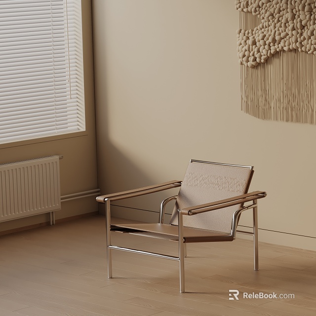 Contemporary Leisure Chair With Metal Frame And Beige Cushion Near Woven Wall Decor 3d model 