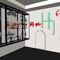 Modern Internet Cafe Interior With Display Cabinets Collectible Models Neon Lights And Captain America Statue