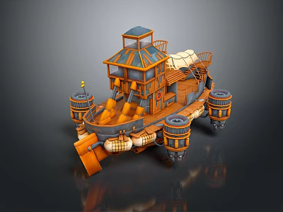 Vintage Wooden Boat With Upper Cabin Wooden Deck And Decorative Propulsion Wheels 3d model