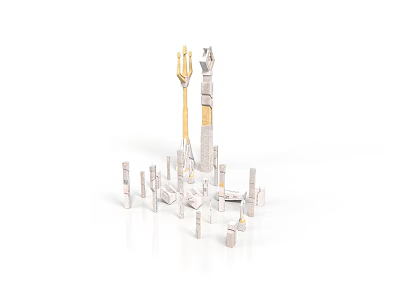 Abstract Architectural Model With Tall Golden And White Structures And Small Pillars 3d model