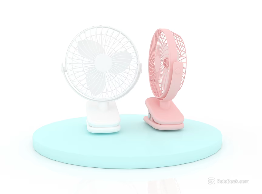 Two Air Cooler Fans White And Pink On Light Blue Round Platform 3d model 