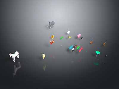 Various Colorful Animal Figures Standing On Dark Background With Reflections 3d model
