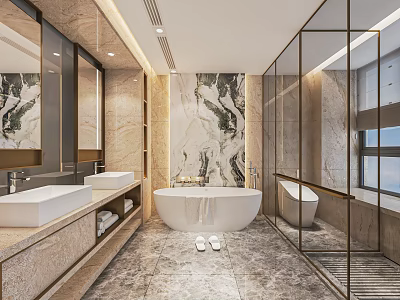 Modern Luxury Bathroom Interior With Marble Wall Double Vanity And Free Standing Bathtub 3d model