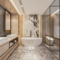 Modern Luxury Bathroom Interior With Marble Wall Double Vanity And Free Standing Bathtub