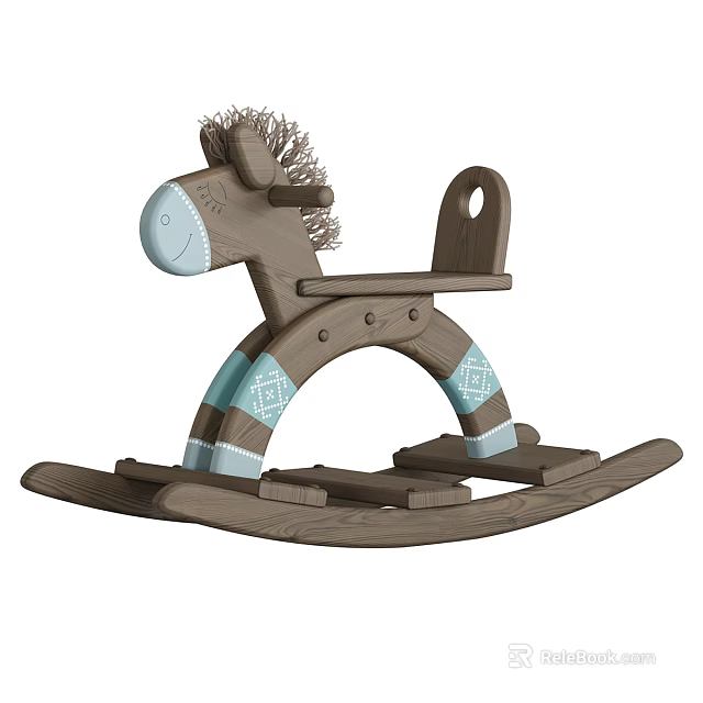 Cute Brown Wooden Rocking Horse Toy Design With Blue Accents 3d model 