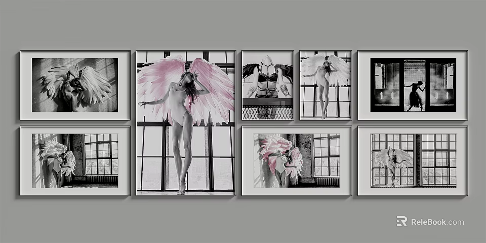 Figurative Paintings Collection Featuring Woman With Pink Wings Black White Tones And Window Backgrounds 3d model 