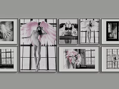 Figurative Paintings Collection Featuring Woman With Pink Wings Black White Tones And Window Backgrounds 3d model