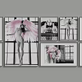 Figurative Paintings Collection Featuring Woman With Pink Wings Black White Tones And Window Backgrounds