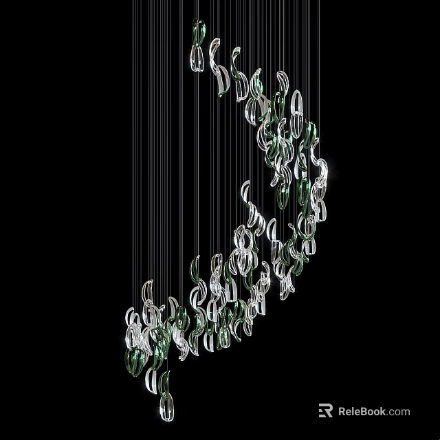 Modern Crystal Chandelier With Crescent Shaped Glass Pendants And Black Wires 3d model 