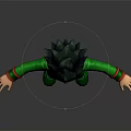 3D Character Model With Green Spiky Hair And Green Outfit Standing With Outstretched Hands