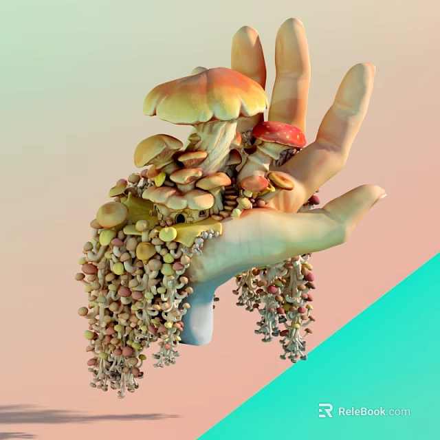 Man's Hand Adorned With Colorful Mushrooms and Hanging Berries in Pastel Gradient 3d model 
