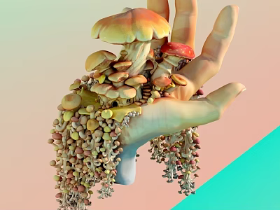 Man's Hand Adorned With Colorful Mushrooms and Hanging Berries in Pastel Gradient 3d model