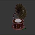 Vintage Phonograph With Wooden Octagonal Base White Circular Top And Metal Horn Speaker Design