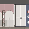 Contemporary Wardrobe Designs With Pink White Dark Blue Arched Open Shelves Holding Books And Decor
