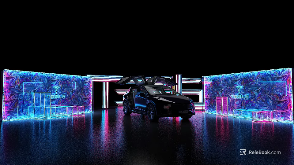 Futuristic Tech Inspired Photo Spot With Neon Lights Black Car Open Doors And Reflective Floor 3d model 