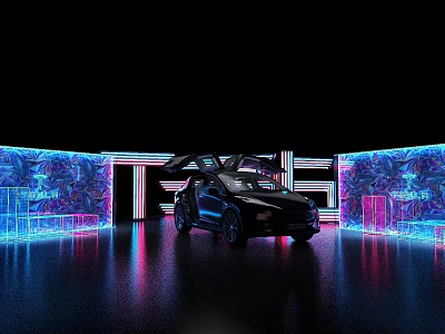 Futuristic Tech Inspired Photo Spot With Neon Lights Black Car Open Doors And Reflective Floor 3d model