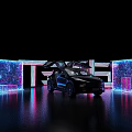 Futuristic Tech Inspired Photo Spot With Neon Lights Black Car Open Doors And Reflective Floor